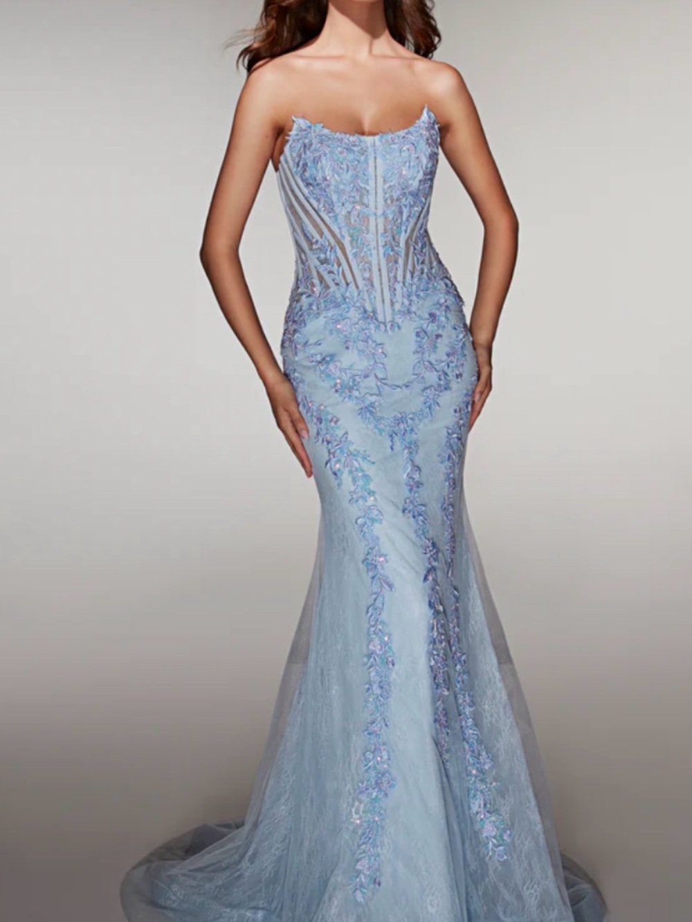 Alyce Paris Strapless Light Blue Embroidered Mermaid Gown